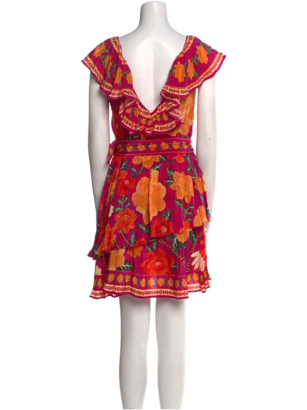 Farm Rio Pink Floral Mini Dress 🌺 Ruffle Trim Belted Tropical Dress Size S - Picture 5 of 5